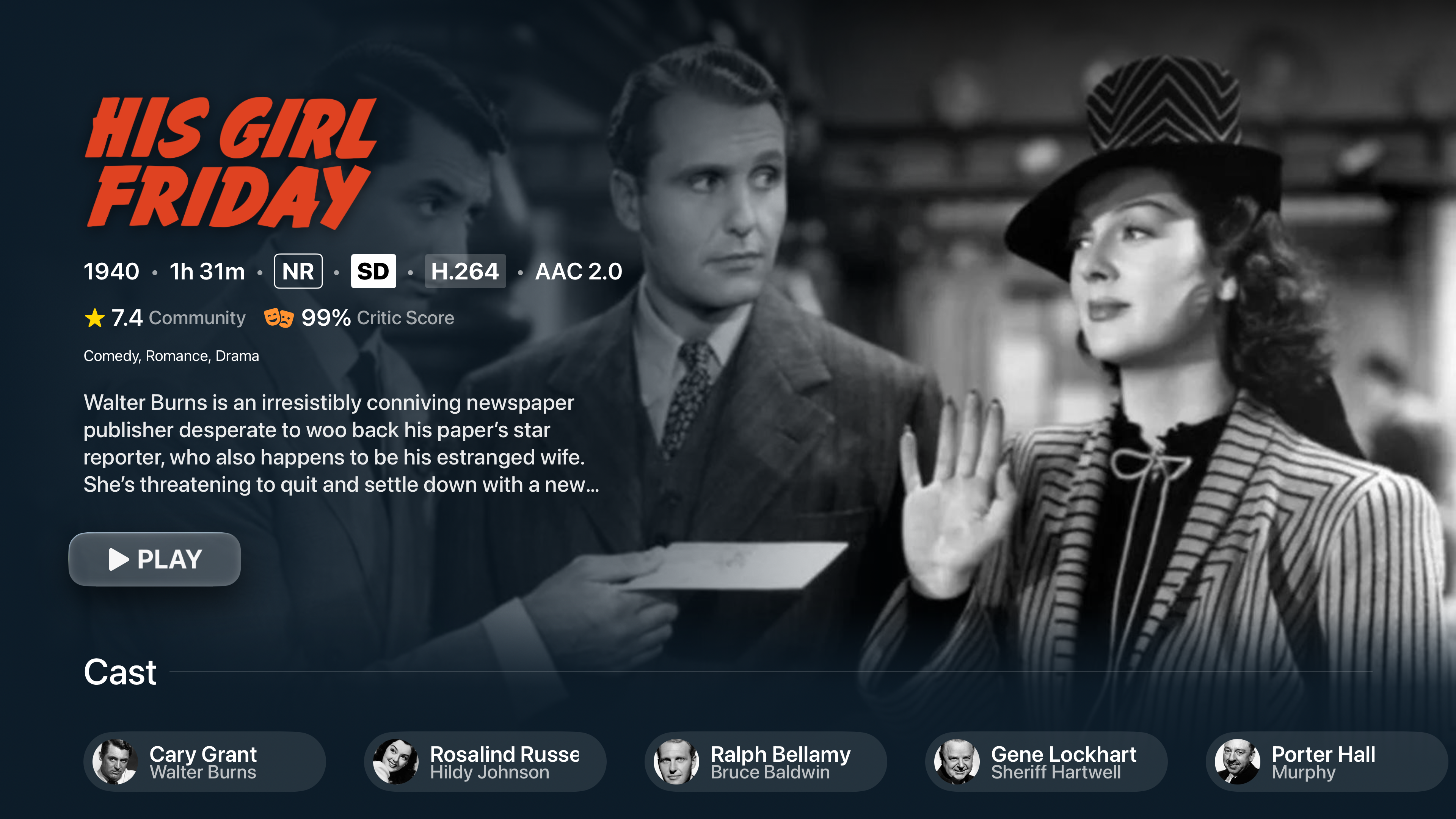 Trovu movie detail page on Apple TV showing cast, ratings, codec info, and synopsis from Jellyfin