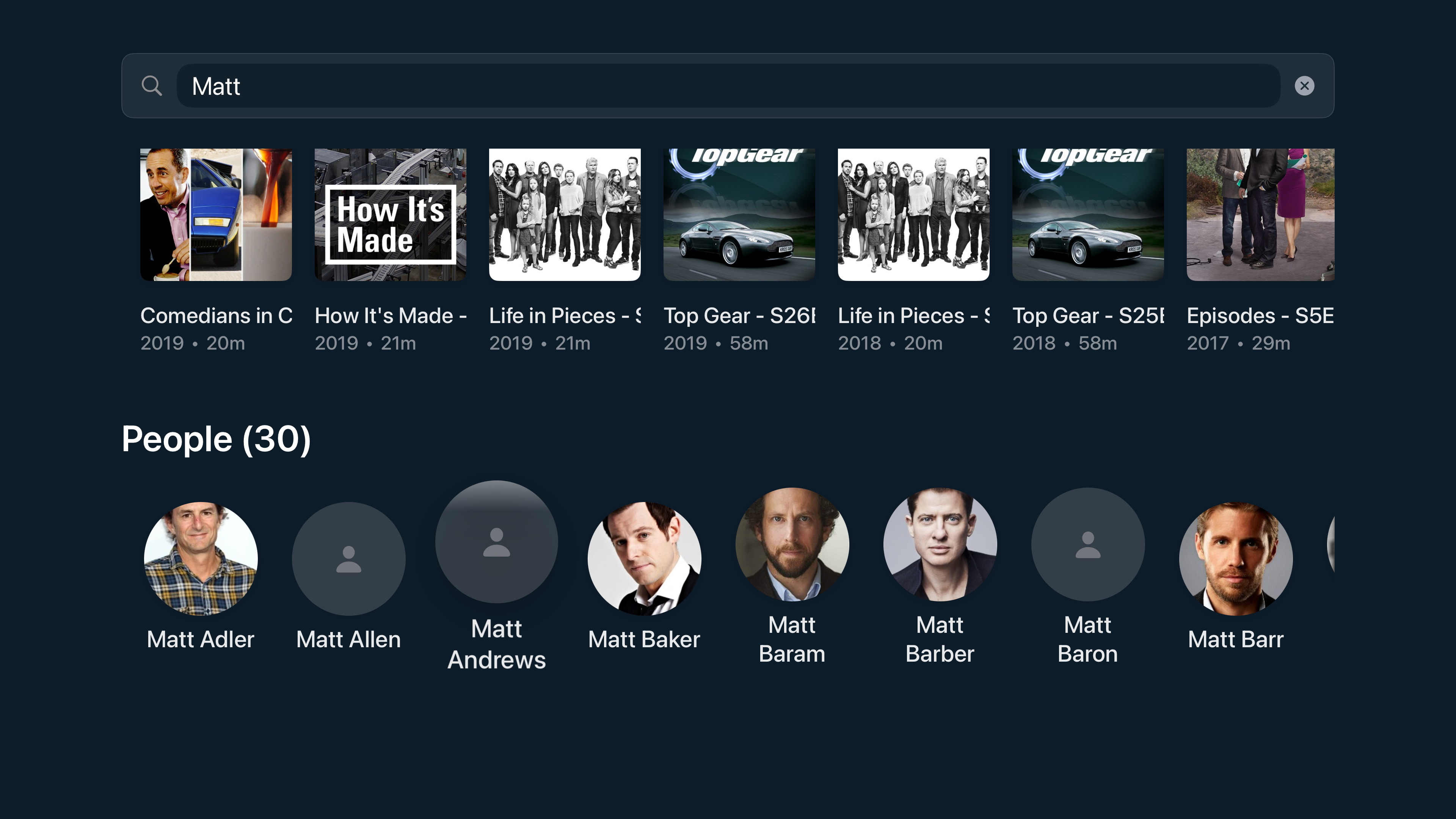 Trovu instant search on Apple TV showing TV shows and people results from Jellyfin library